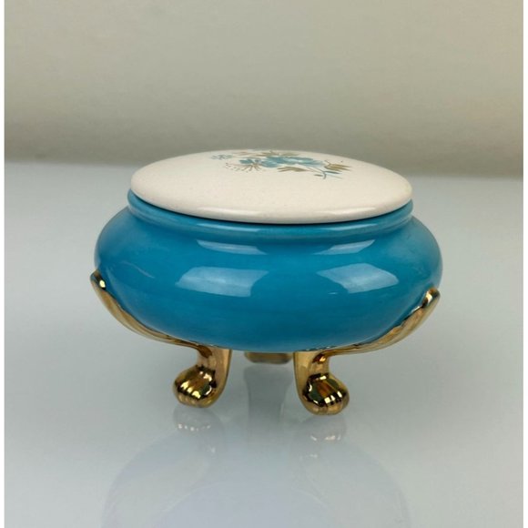 Vintage Ceramic Footed Trinket Box w/ Lid, Blue Floral PH Signed Mid-Century - Picture 2 of 13